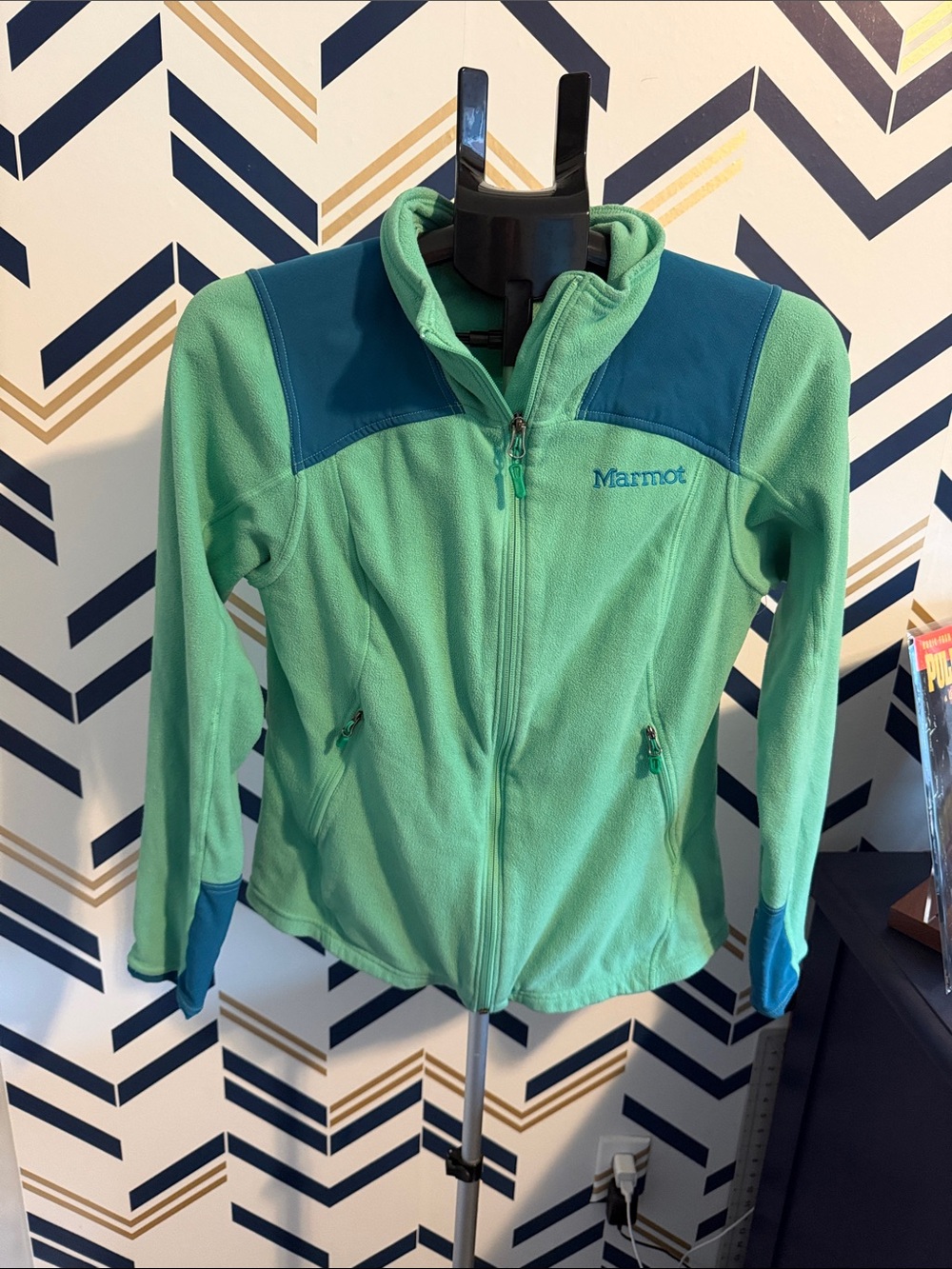 Marmot Mint Green Fleece Jacket with Teal Shoulder and Cuff Panels